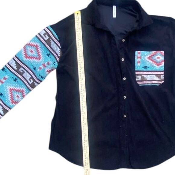 Ceelo Creation Women’s M Black Corduroy Button Up Jacket Aztec Print Sleeves - Picture 3 of 8